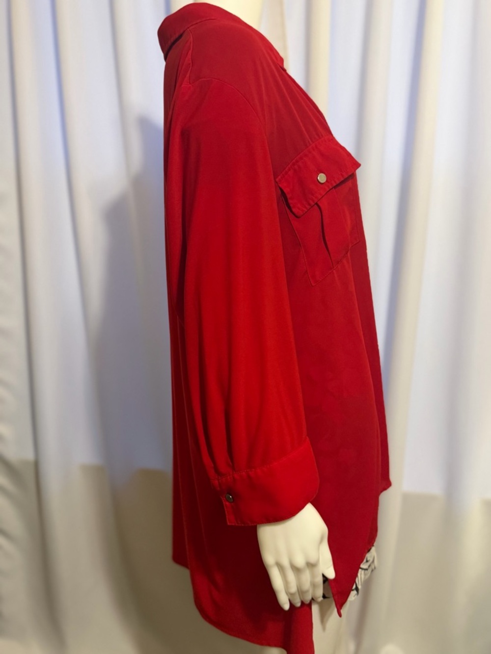 Slim Factor by Investments Red Button Up Tunic Shirt Blouse Large L Roll Tab - Picture 5 of 6